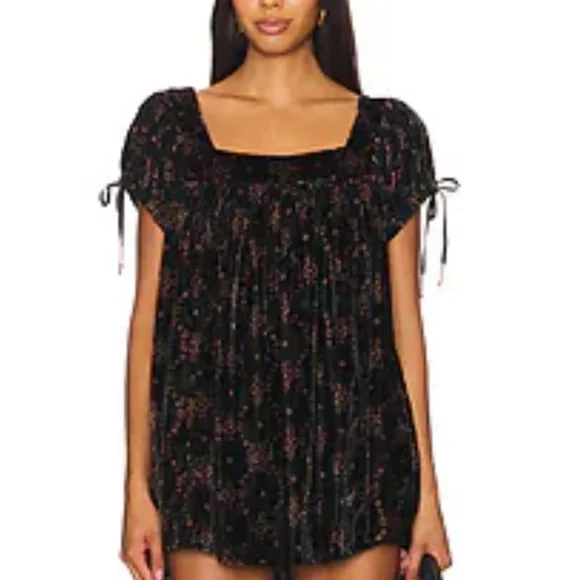 FREE PEOPLE SUMMER CAMP BLACK  VELVET FLORAL DRESS MEDIUM - Picture 3 of 11